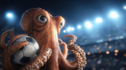 Mascot Octopus Showcases Passion for Soccer at Bright Sports Event in a Lively Stadium