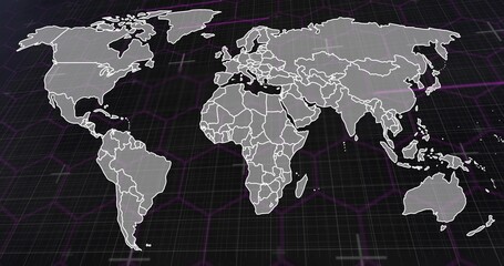 Obraz premium Displaying rendered world map tilting across dark grid, with white borders and magenta highlights
