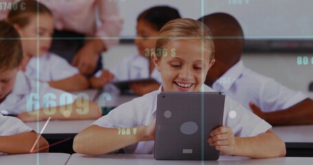 Smiling girl holding vertical tablet at school desk, teacher wearing suit watching numeric overlay
