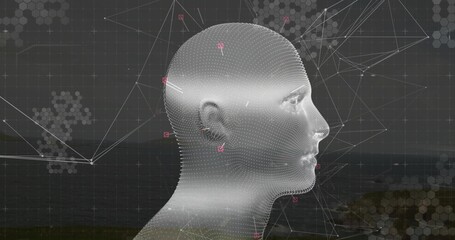 Displaying neutral 3D point cloud head in right profile at dusk coast, with magenta nodes