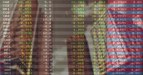 Displaying financial ticker overlay filling office lobby, with numbers and business attire figures