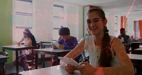 Smiling teen girl white tank top holding tablet at classroom windows, red data overlay, copy space