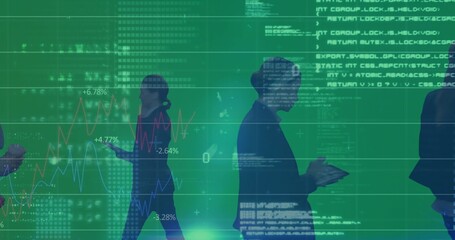 Walking silhouetted professionals in suits moving through office, holding phones amid green charts