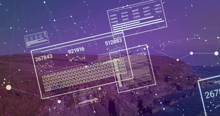 Displaying AR HUD panels overlaying coastal cliffs at dusk, with keyboard grid and ID codes © vectorfusionart