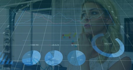 Studying woman in sleeveless top resting chin, viewing finance at office, sticky notes, copy space