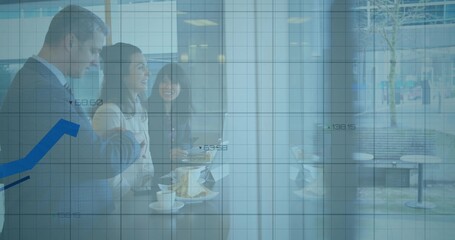 Talking 3 colleagues in suits holding coffee and snacks at reception with laptop and chart overlay