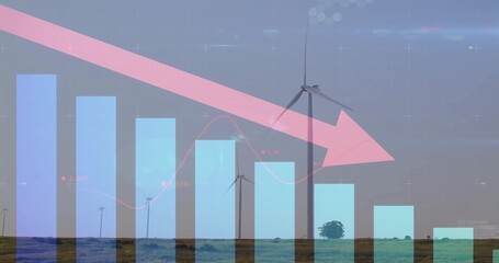 Showing translucent bar chart and pink down arrow over rural wind farm plain with turbines