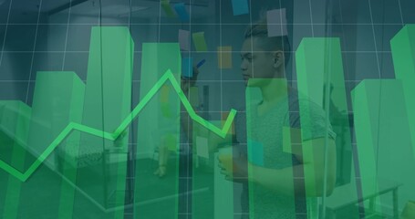 Pointing man in workwear holding marker, cup at office glass wall with sticky notes, green overlay