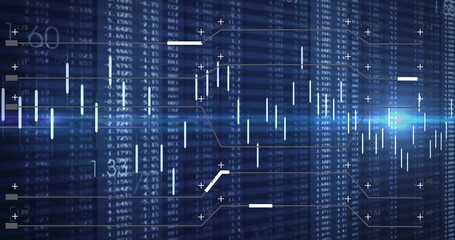 Showing market chart with candles, line graphs on trading screen with data columns, lens flare