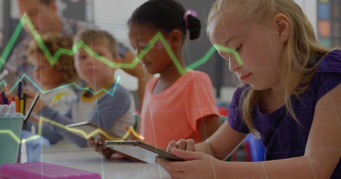 Focusing blonde girl in purple top using tablet in classroom, with line-chart overlay, copy space - Powered by Adobe