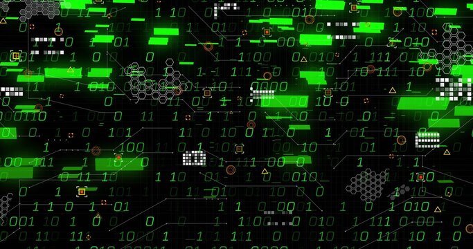 Streaming central data field pulsing on virtual interface, showing 0 or 1, bars or blocks, circuit t