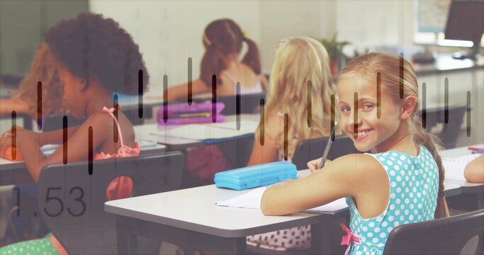 Smiling blonde girl in turquoise dress at school desk holding pencil, blue box overlay, copy space