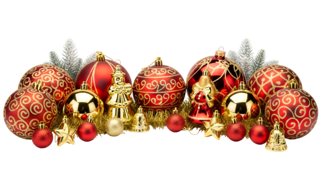 Vibrant Red and Gold Christmas Ornaments Arranged Festively on a White Background, Perfect for Holiday Season Celebrations and Festive Decor