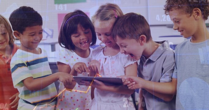 Gathering seven students and teacher pointing and tapping tablet in classroom, showing data overlay - Powered by Adobe