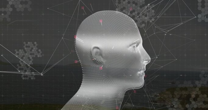 Displaying neutral 3D point cloud head in right profile at dusk coast, with magenta nodes