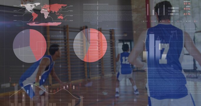 Facing basketball player wearing blue jersey 17 standing on gym court with data overlay, copy space