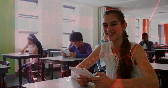 Smiling teen girl white tank top holding tablet at classroom windows, red data overlay, copy space