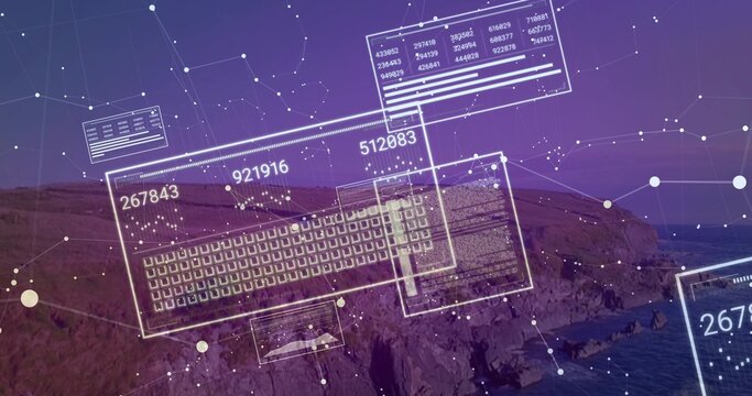 Displaying AR HUD panels overlaying coastal cliffs at dusk, with keyboard grid and ID codes