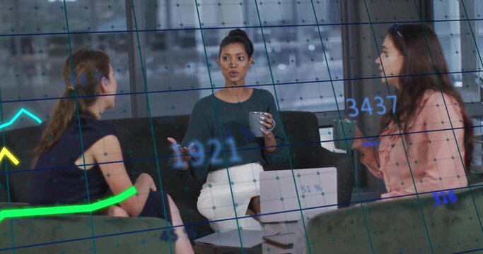 Speaking woman in dark green top holding mug and gesturing in office lounge, with data overlay