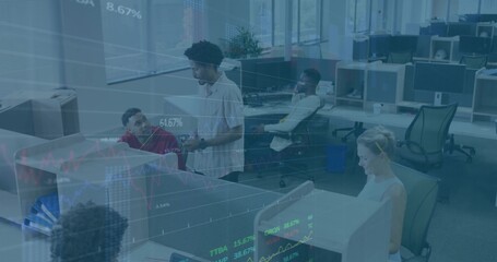 Discussing five staff checking screens in open-plan office, business-casual clothing, stock overlay