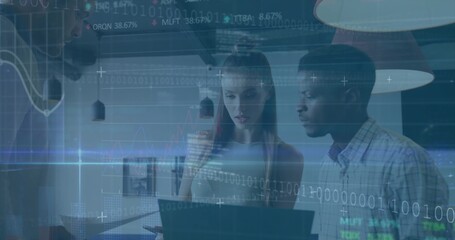 Analyzing laptop, woman in sleeveless top and man in business shirt studying data overlay in office