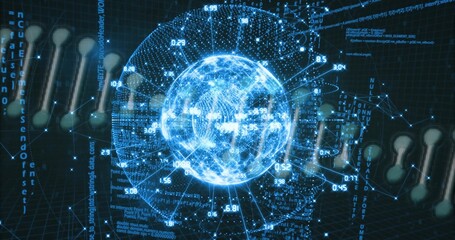Glowing holographic globe displaying numeric labels and radial connector lines in dark grid plane