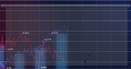 Fototapeta premium Displaying financial chart on navy dashboard, showing blue and red lines, dotted columns, % labels