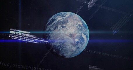 Obraz premium Orbiting Earth glowing with atmospheric halo in space displaying blue lens flares, binary grid