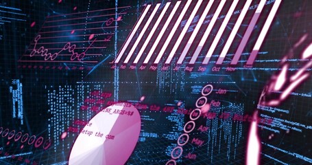Showing central holographic HUD in virtual space, with radial chart, Jan-Dec timeline, line graphs