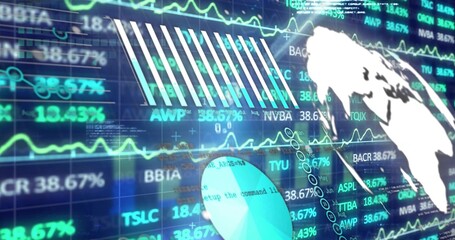 Displaying digital market dashboard on screen, showing line charts, stock tickers, pie chart, globe