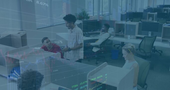 Discussing five staff checking screens in open-plan office, business-casual clothing, stock overlay