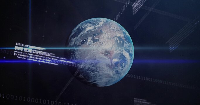 Orbiting Earth glowing with atmospheric halo in space displaying blue lens flares, binary grid