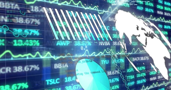 Displaying digital market dashboard on screen, showing line charts, stock tickers, pie chart, globe - Powered by Adobe