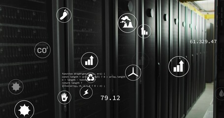 Displaying black server racks in datacenter aisle, showing HUD, numeric readouts and code