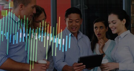 Standing five coworkers wearing business shirts holding tablet and to-go cups at office with chart
