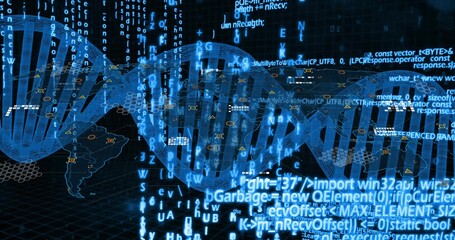 Displaying translucent DNA helix twisting across data interface, with streaming code and world map