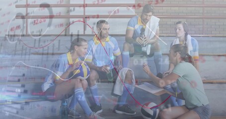 Listening team blue jerseys on gym stands coach in green with clipboard 2 volleyballs chart overlay