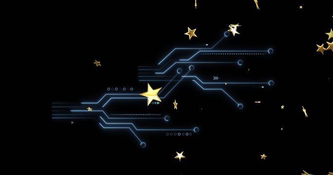 Glowing central blue circuitry branching across black field with golden star dotted links arrows