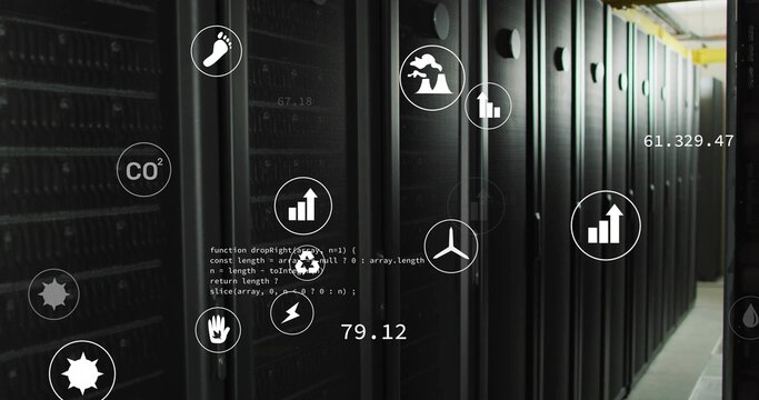Displaying black server racks in datacenter aisle, showing HUD, numeric readouts and code