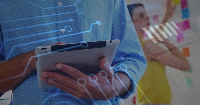 Holding woman in light blue long-sleeve shirt tapping tablet at office, sticky notes and hologram