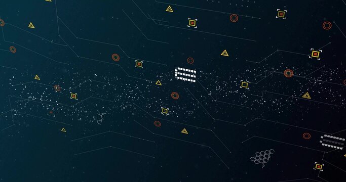 Streaming white band moving across teal gradient with circuit traces, yellow triangles, red targets - Powered by Adobe