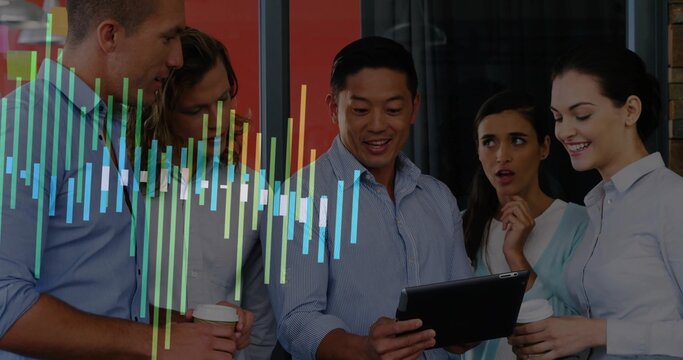 Standing five coworkers wearing business shirts holding tablet and to-go cups at office with chart - Powered by Adobe