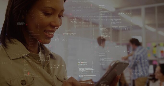 Smiling woman wearing beige jacket tapping tablet in office, code overlay, whiteboard, copy space