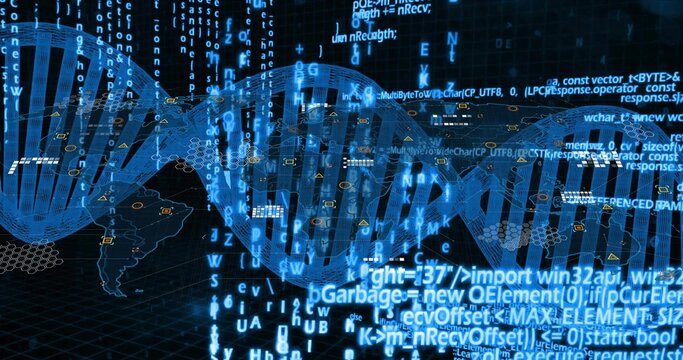 Displaying translucent DNA helix twisting across data interface, with streaming code and world map
