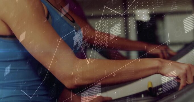 Gripping woman in blue tank exercising on elliptical, with console, yellow knob and digital overlay