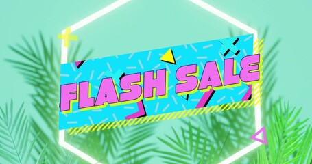 Showing diagonal cyan FLASH SALE banner on mint studio backdrop, with neon hexagon and palm fronds
