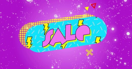 Featuring cyan pill banner declaring SALE on promotional poster, with pink letters, yellow bolts