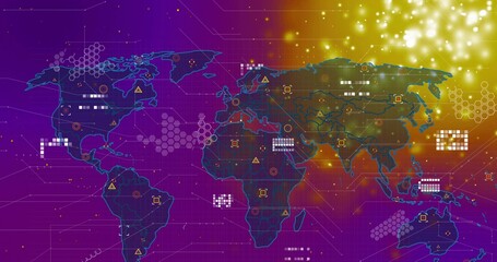 Displaying stylized world map showing data on purple-gold dashboard, hexagons and glowing nodes