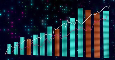 Displaying vertical bar chart on navy backdrop turquoise orange grid bars with white magenta lines