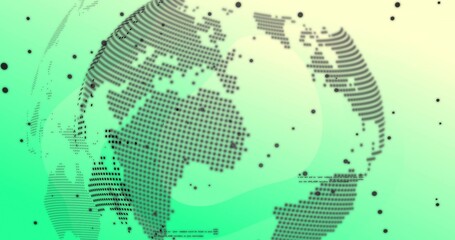 Rotating stylized dotted globe showing dot continents in digital UI, with markers and dashed lines